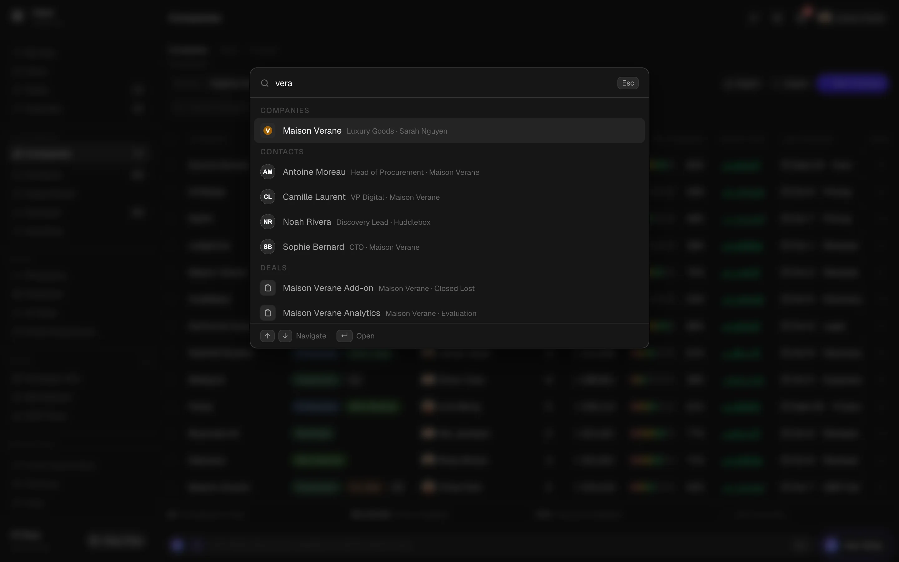 Command menu search showing matching companies, contacts and deals